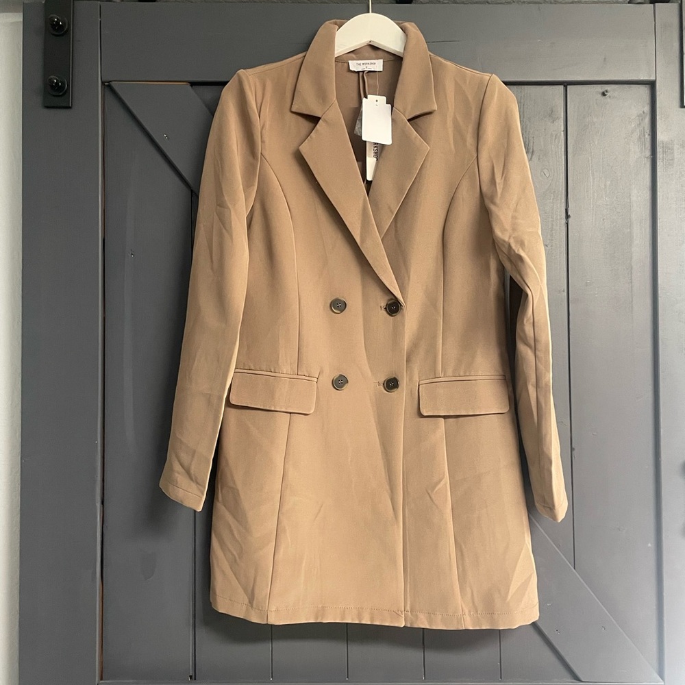 Workshop Republic Clothing Double-Breasted Tan Blazer Coat